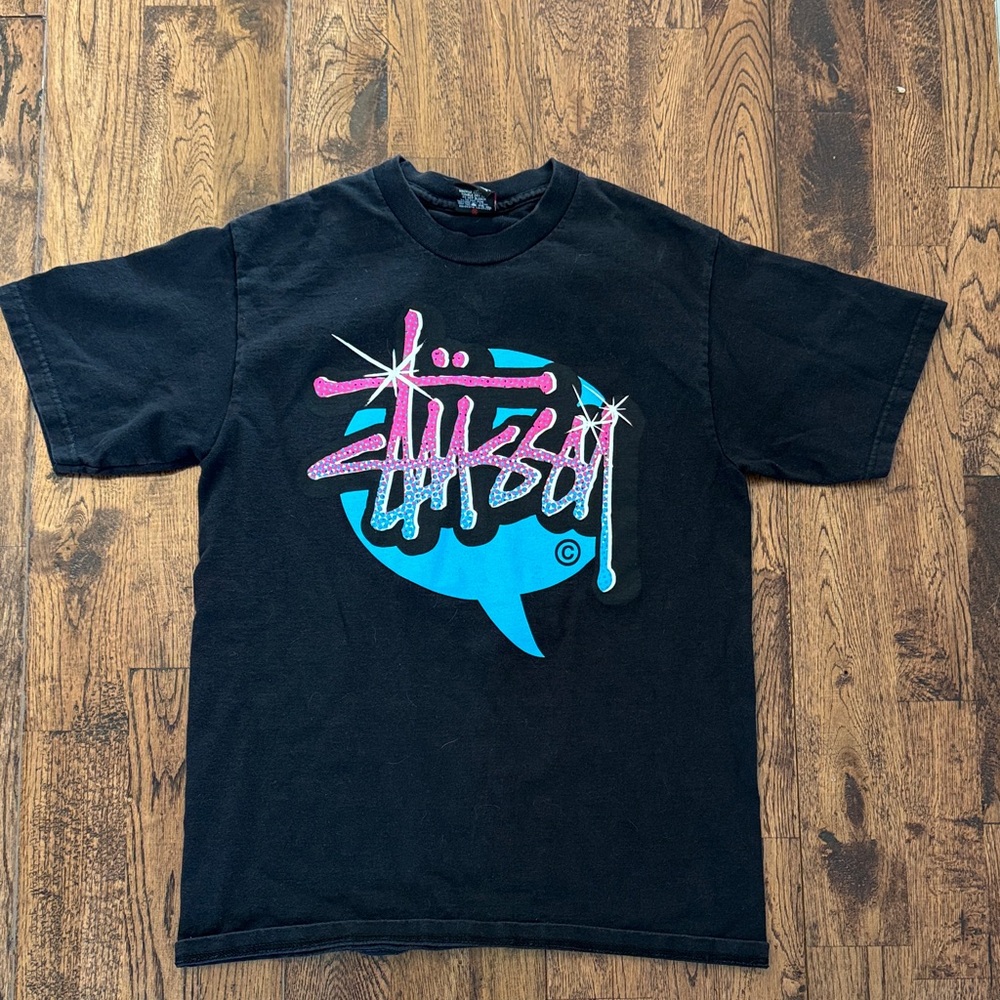 Stussy Charcoal Tee with blue and pink Logo